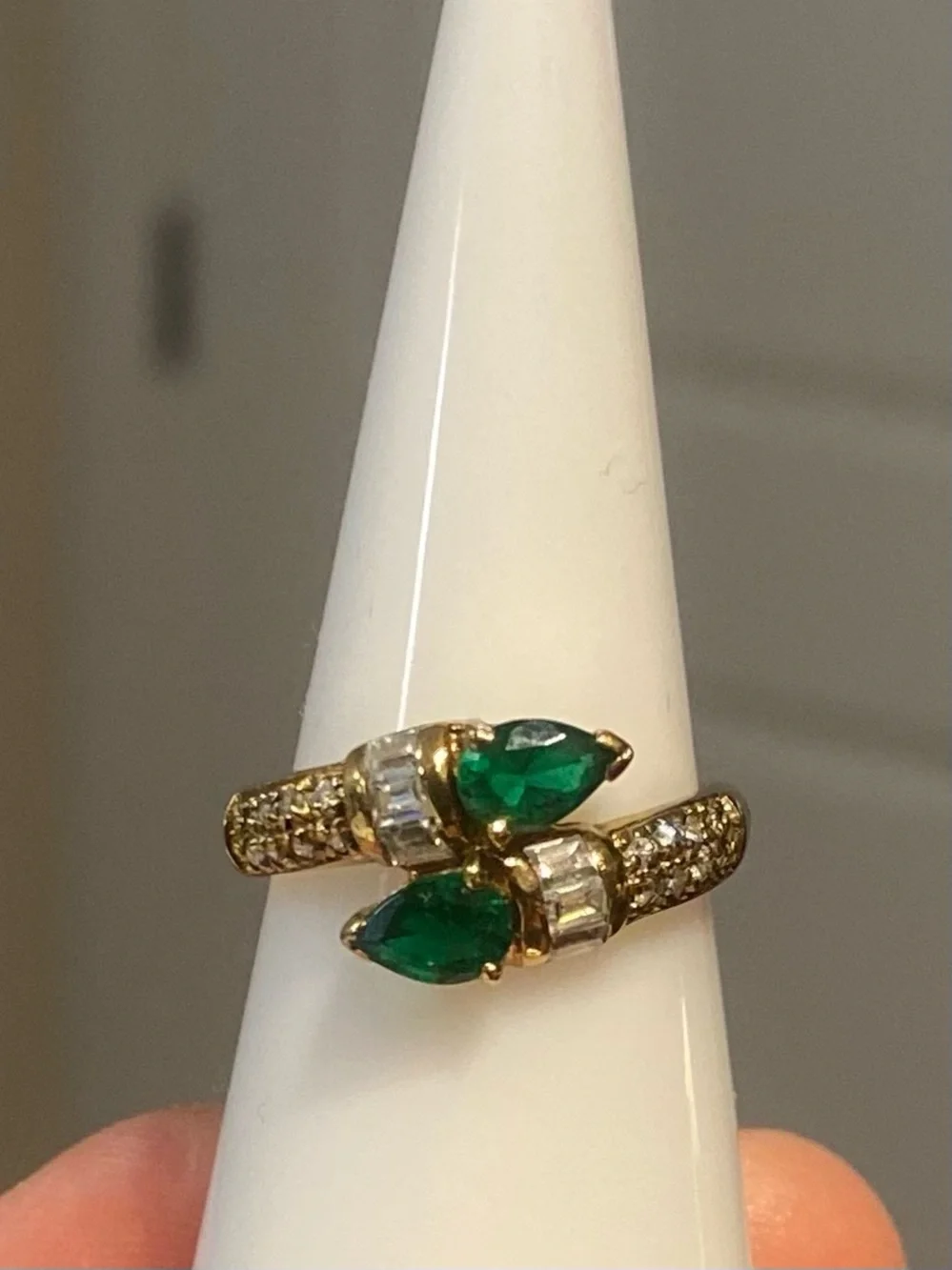 Gold Ring with Emerald Green Pear Stones and Clear Accents